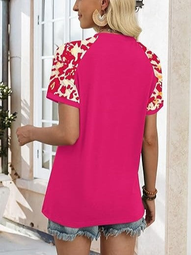 Women's Raglan Short Sleeve Color Block Print Crew Neck T-Shirt