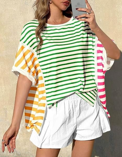 Women's Color Block Mixed Stripe Loose T Shirt