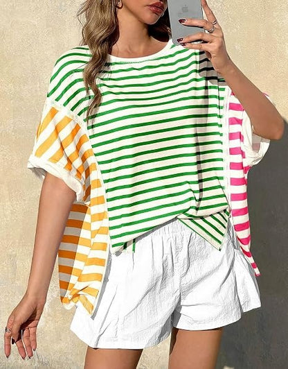Women's Color Block Mixed Stripe Loose T Shirt