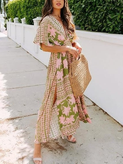 Women's A-Line Floral Print Deep V Neck Maxi Dress