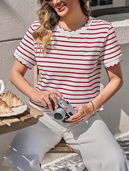 Women's Scalloped Crew Neck Striped T-Shirt