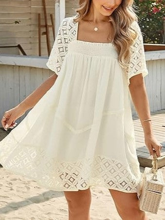 Women's Lace Crochet Sleeve Square Neck Tiered Dress