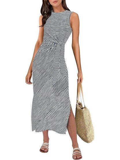 Women's Casual Striped Side Slit Tie-Waist Dress