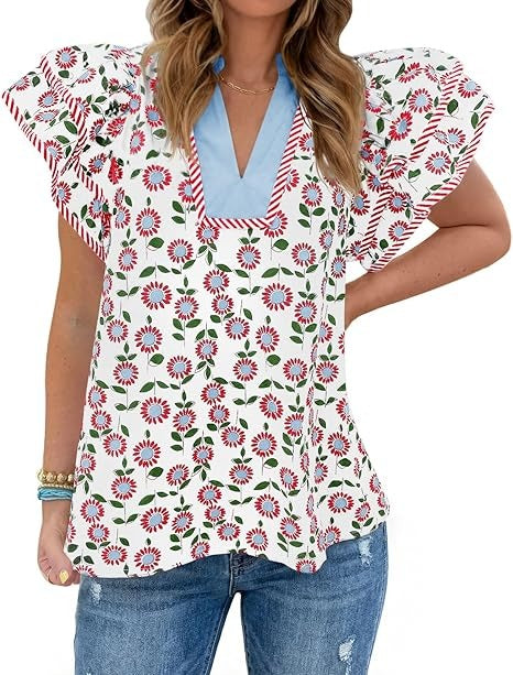 Womens Ruffle Sleeve Floral Blouses