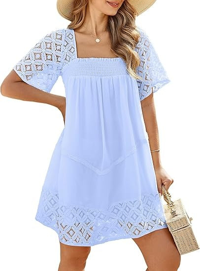 Women's Lace Crochet Sleeve Square Neck Tiered Dress