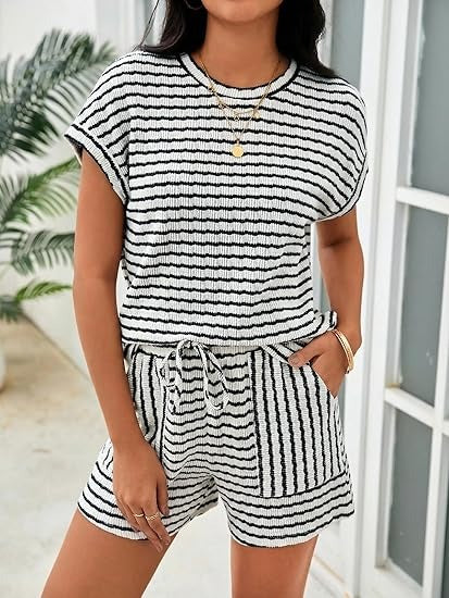Women's Casual Striped T-shirt and Shorts Two Piece Set