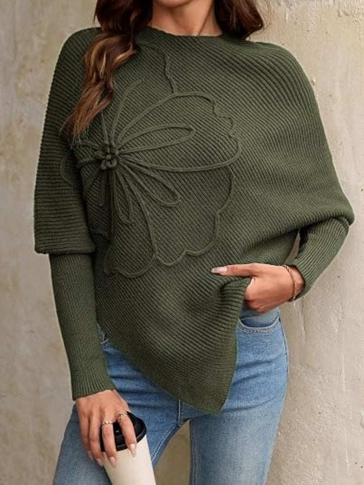Women's Floral Asymmetrical Knit Poncho Sweater