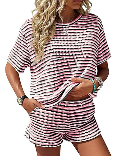 Women's Knit Striped 2 Piece Short Set