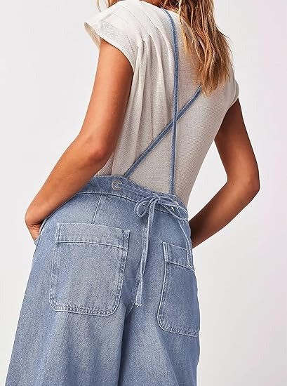 Women's Vintage Wash Denim Wide Leg Overalls