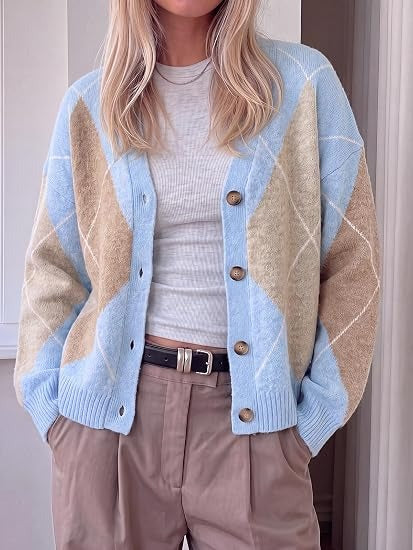 Women's Argyle Color Block V Neck Cardigan