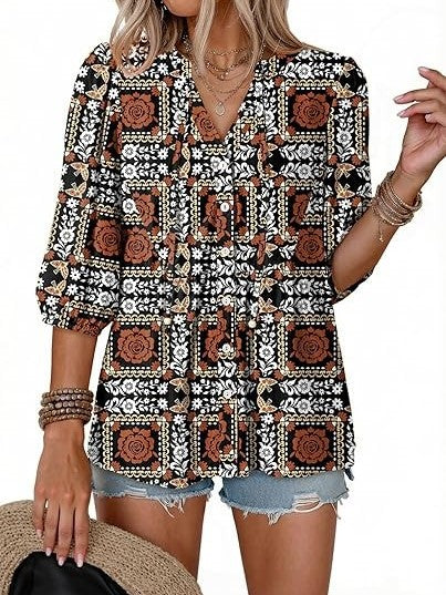 Women's Boho Floral V-Neck Peplum Blouse
