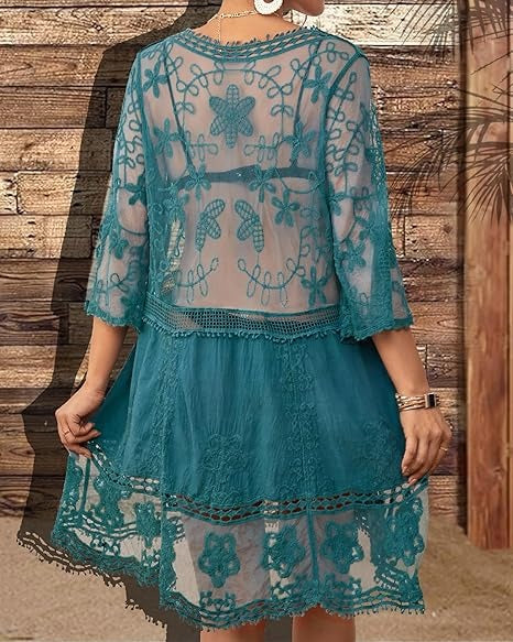 Women's Hollow Out Lace Embroidered Beach Cover Up Dress