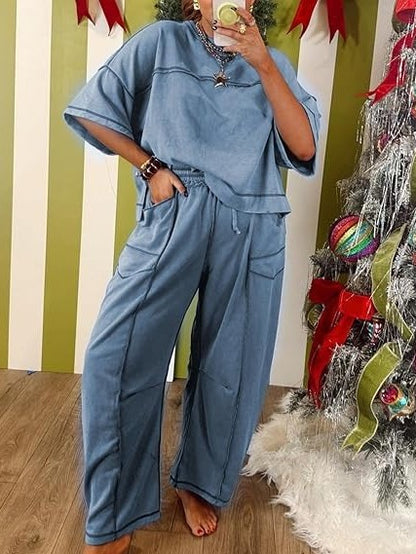 Women's Two Piece Sweatsuit Set with Cropped Top and Wide Leg Pants