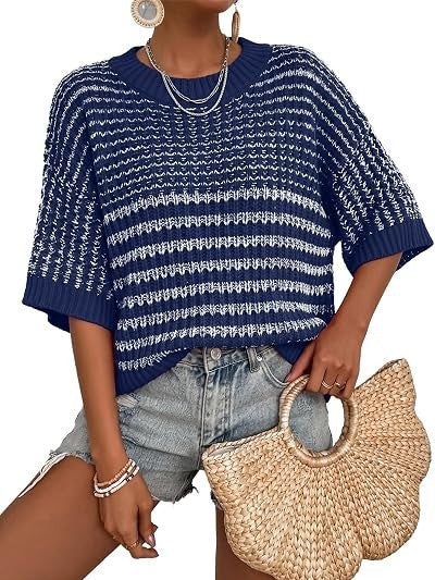 Womens 3/4 Sleeve Striped Sweater Tops