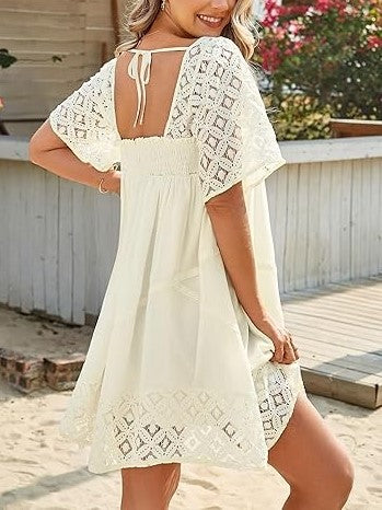 Women's Lace Crochet Sleeve Square Neck Tiered Dress