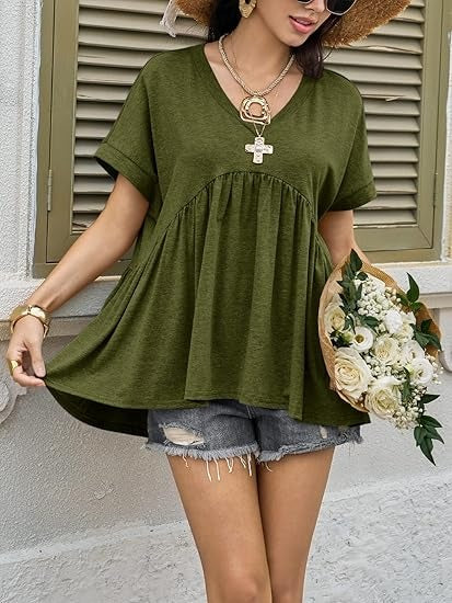 Women's V-Neck Pleated Swing Peplum Babydoll T-Shirt