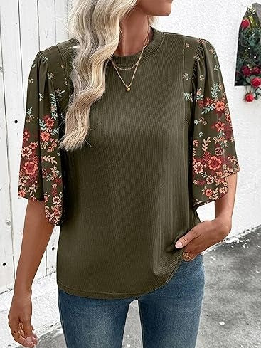 Floral Print 3/4 Puff Sleeve Casual T-Shirt