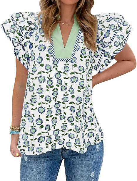 Womens Ruffle Sleeve Floral Blouses