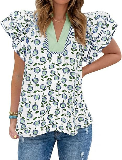 Womens Ruffle Sleeve Floral Blouses