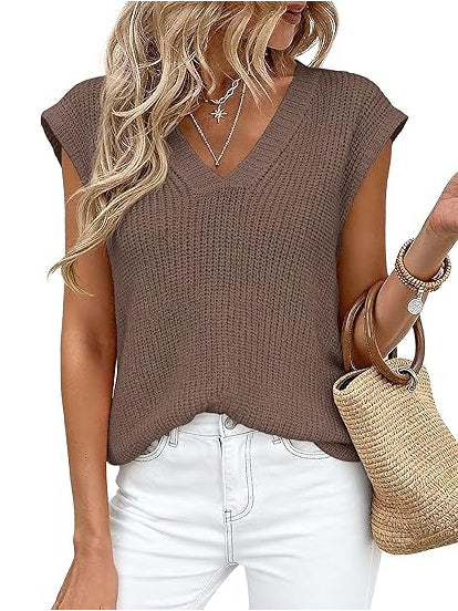 Women's V-Neck Knit Cap Sleeve Sweater Vest