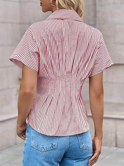 Women's Striped Pleated Waist Peplum Button Down Shirt
