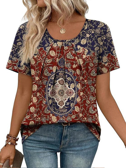 Summer Pleated Neck Short Sleeve Loose Casual Blouse