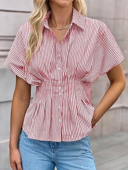 Women's Striped Pleated Waist Peplum Button Down Shirt