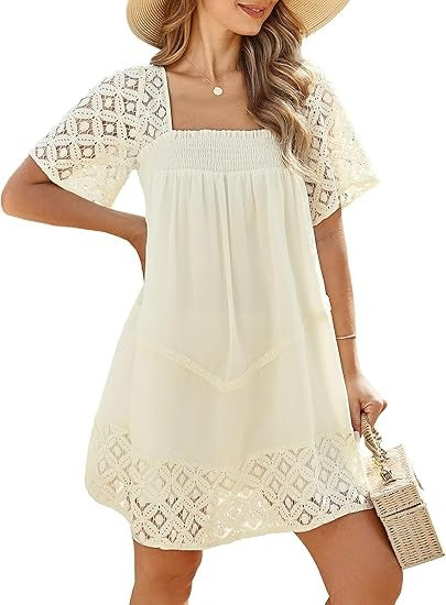 Women's Lace Crochet Sleeve Square Neck Tiered Dress