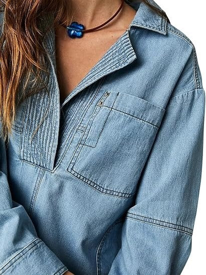 Women's Oversized Half Placket Denim Tunic Shirt