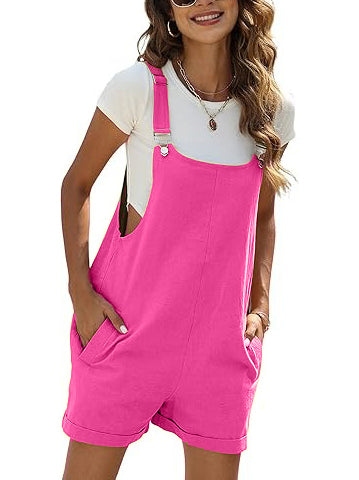Women's Cotton Linen Short Overalls with Pockets