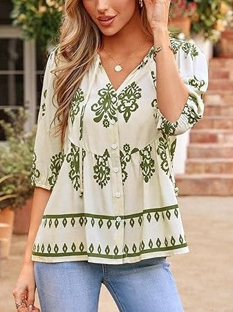Women's Boho Floral V-Neck Peplum Blouse