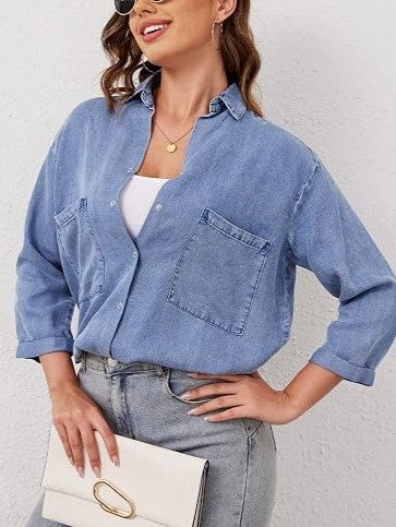 Women's Loose Pocket Denim Shirt Tops