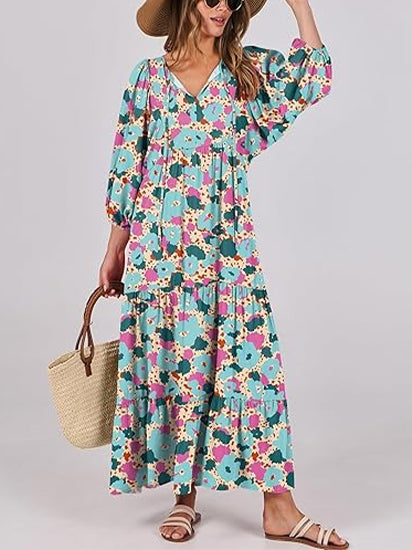Women's Puff Sleeve Smocked Ruffle Boho Maxi Dress