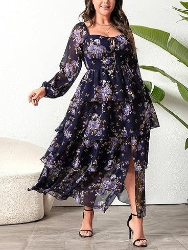Women's Plus Size Off Shoulder Floral Ruffle Maxi Dress
