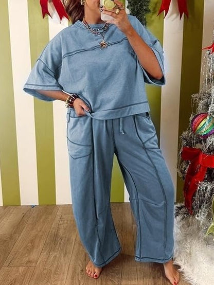 Women's Two Piece Sweatsuit Set with Cropped Top and Wide Leg Pants
