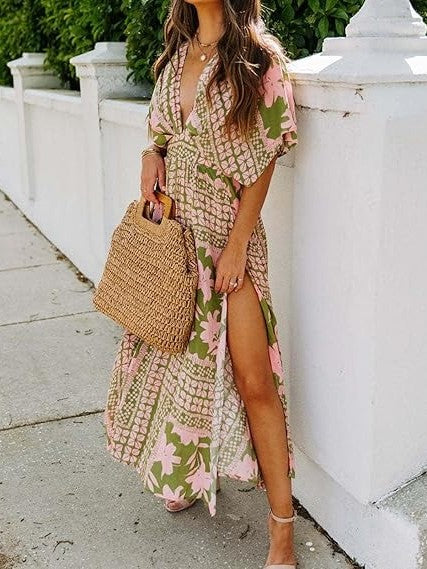 Women's A-Line Floral Print Deep V Neck Maxi Dress