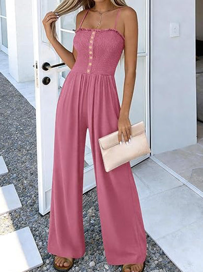 Women's Smocked Bustier Wide Leg Jumpsuit with Pockets