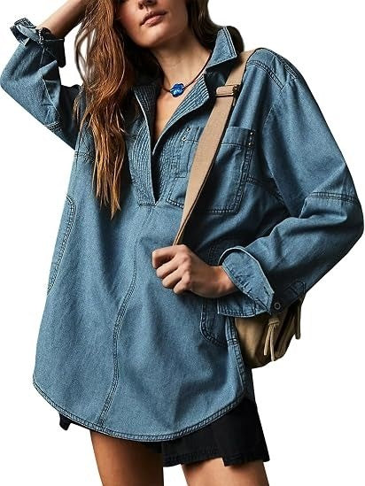Women's Oversized Half Placket Denim Tunic Shirt