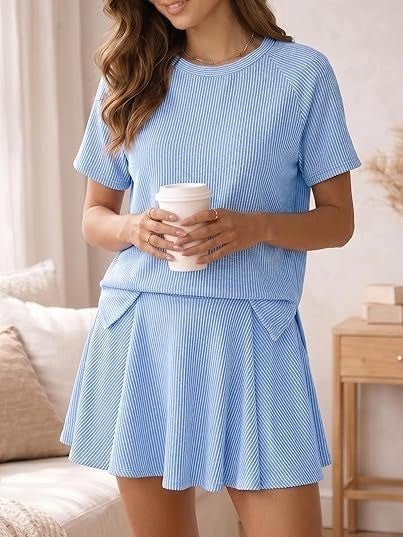Women's Ribbed Knit 2 Piece Top & Pleated Skirt Set