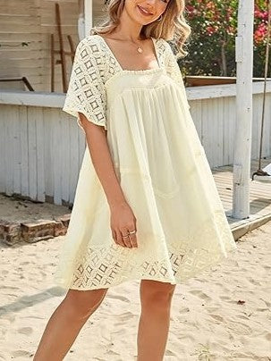 Women's Lace Crochet Sleeve Square Neck Tiered Dress