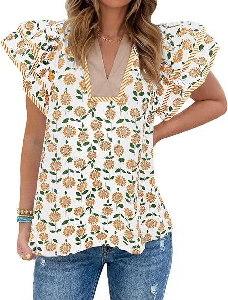 Womens Ruffle Sleeve Floral Blouses