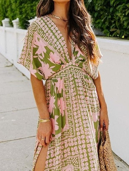 Women's A-Line Floral Print Deep V Neck Maxi Dress