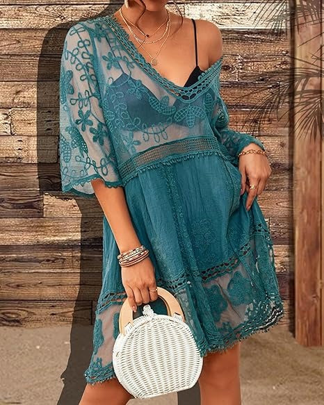 Women's Hollow Out Lace Embroidered Beach Cover Up Dress