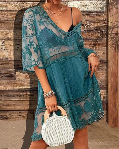 Women's Hollow Out Lace Embroidered Beach Cover Up Dress