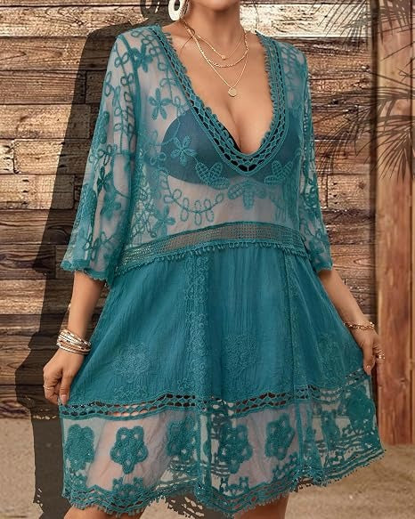 Women's Hollow Out Lace Embroidered Beach Cover Up Dress