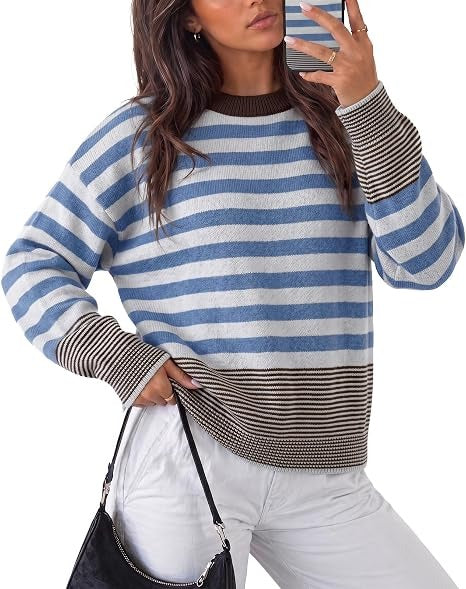 Women's Color Block Striped Oversized Crewneck Sweater