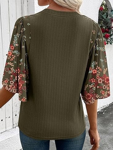 Floral Print 3/4 Puff Sleeve Casual T-Shirt