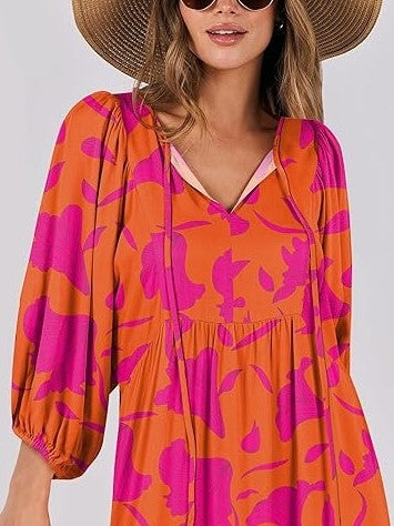 Women's Puff Sleeve Smocked Ruffle Boho Maxi Dress