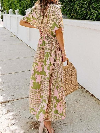 Women's A-Line Floral Print Deep V Neck Maxi Dress