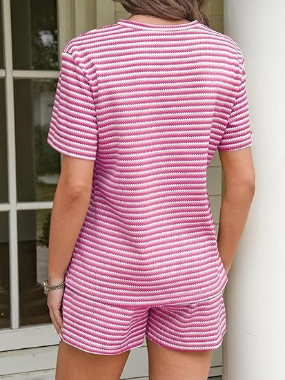Women's Knit Striped 2 Piece Short Set